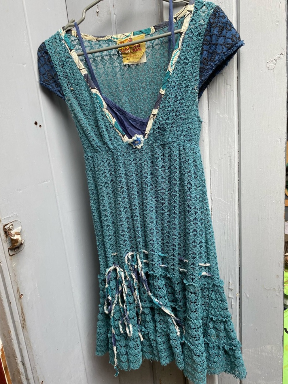 Free People Boho Crochet Dress Teal Navy Trim — Size 4